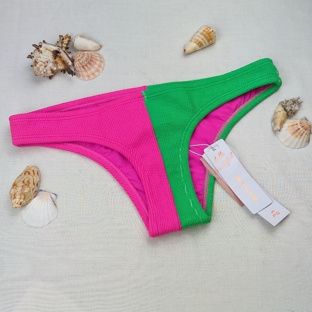 PilyQ Kiwi Reef Two Toned Smocked Teeny Cheeky Bikini Bottom Pink Green